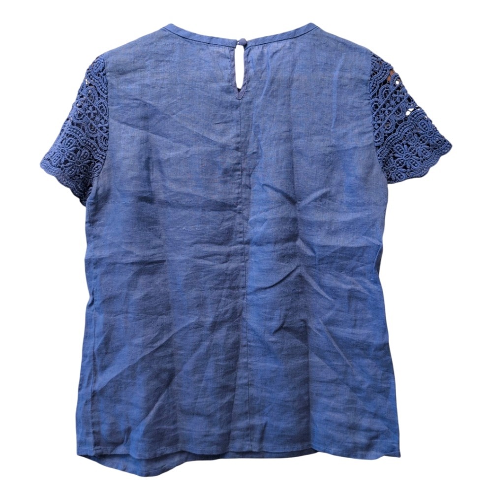 J.Crew Blue 100% Linen‎ Crochet Lace Yoke Short Sleeve Top C3489 Size 0 - Picture 11 of 14